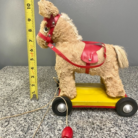 Vintage Stuffed Toy Horse On Metal Cart With Pull Cord 50s-60s Collectible Rare - Picture 13 of 16